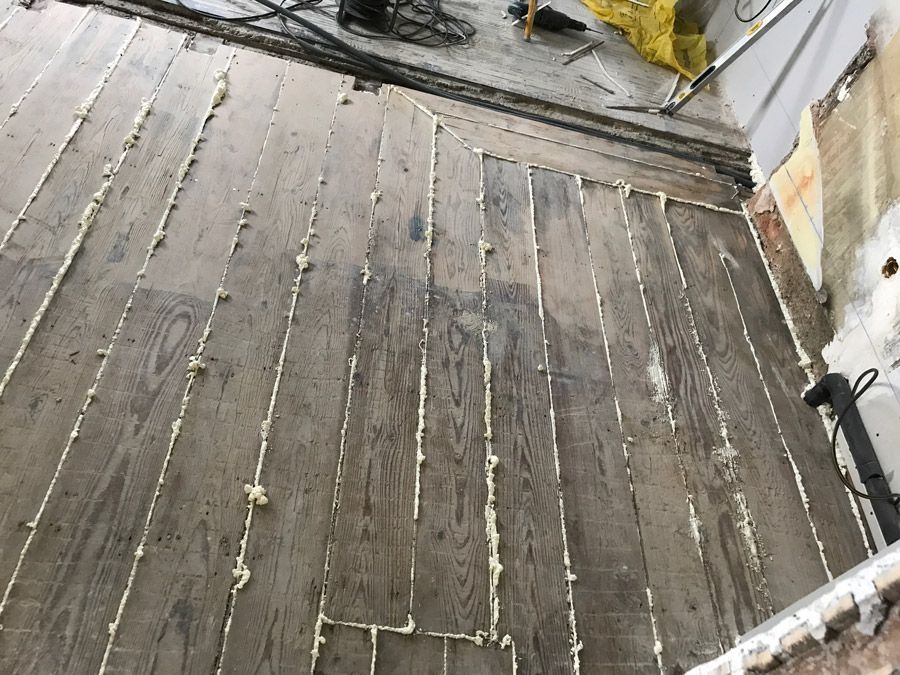 Un plancher en bois avec beaucoup de mousse dessus.