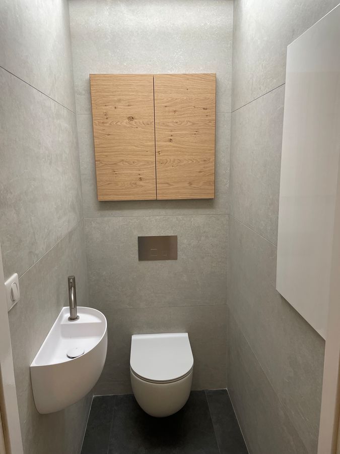 Une salle de bain avec WC, lavabo et armoires en bois au mur.
