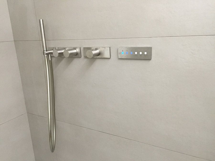 Une salle de bain avec une pomme de douche et des commandes en acier inoxydable