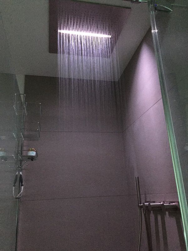 Une pomme de douche est suspendue au plafond dans une salle de bain.