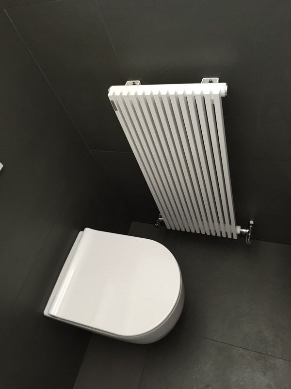 Une salle de bain avec toilettes et radiateur mural