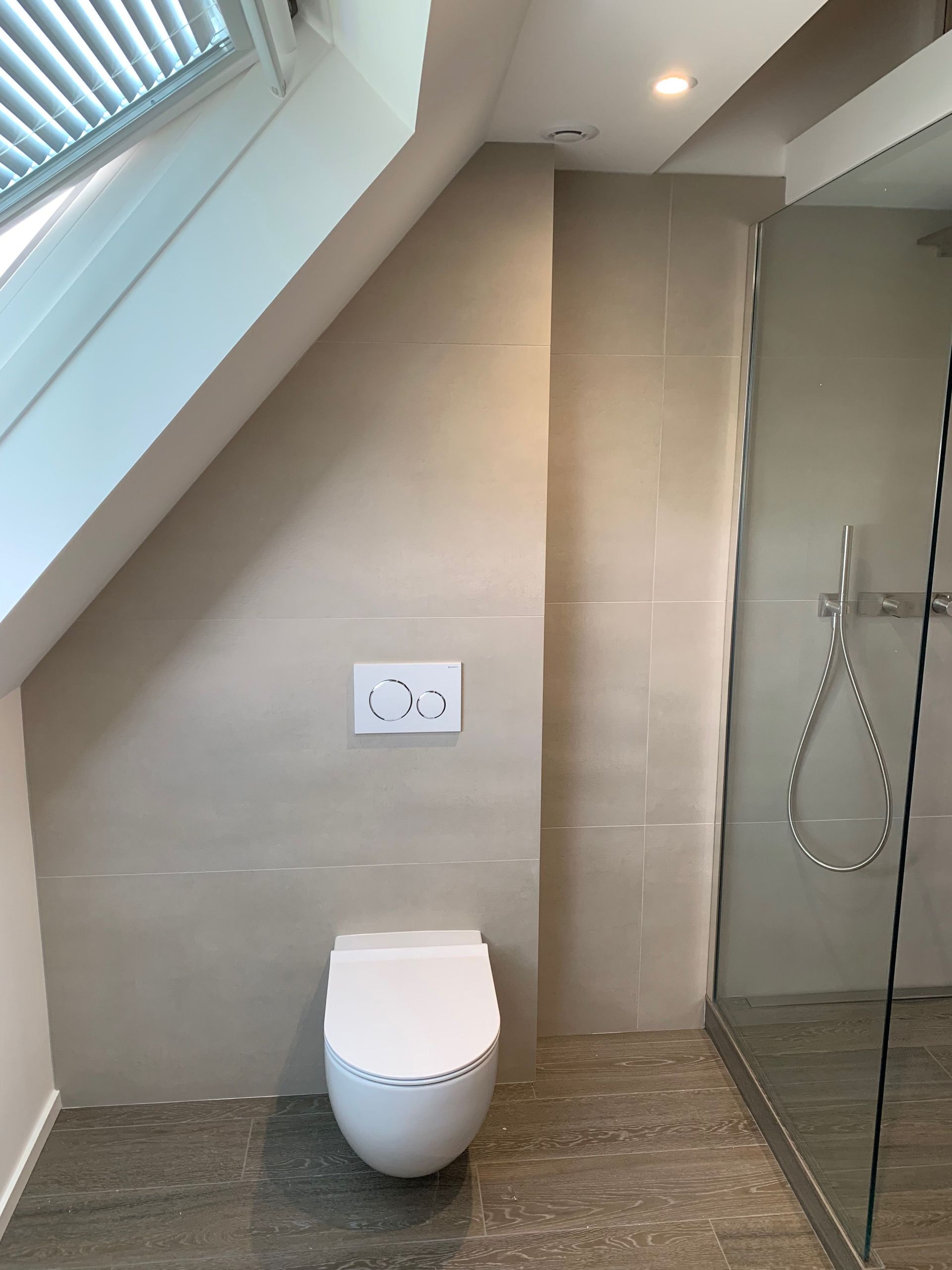 Une salle de bain avec WC, douche et puits de lumière.