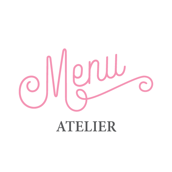 A pink logo for menu atelier on a white background