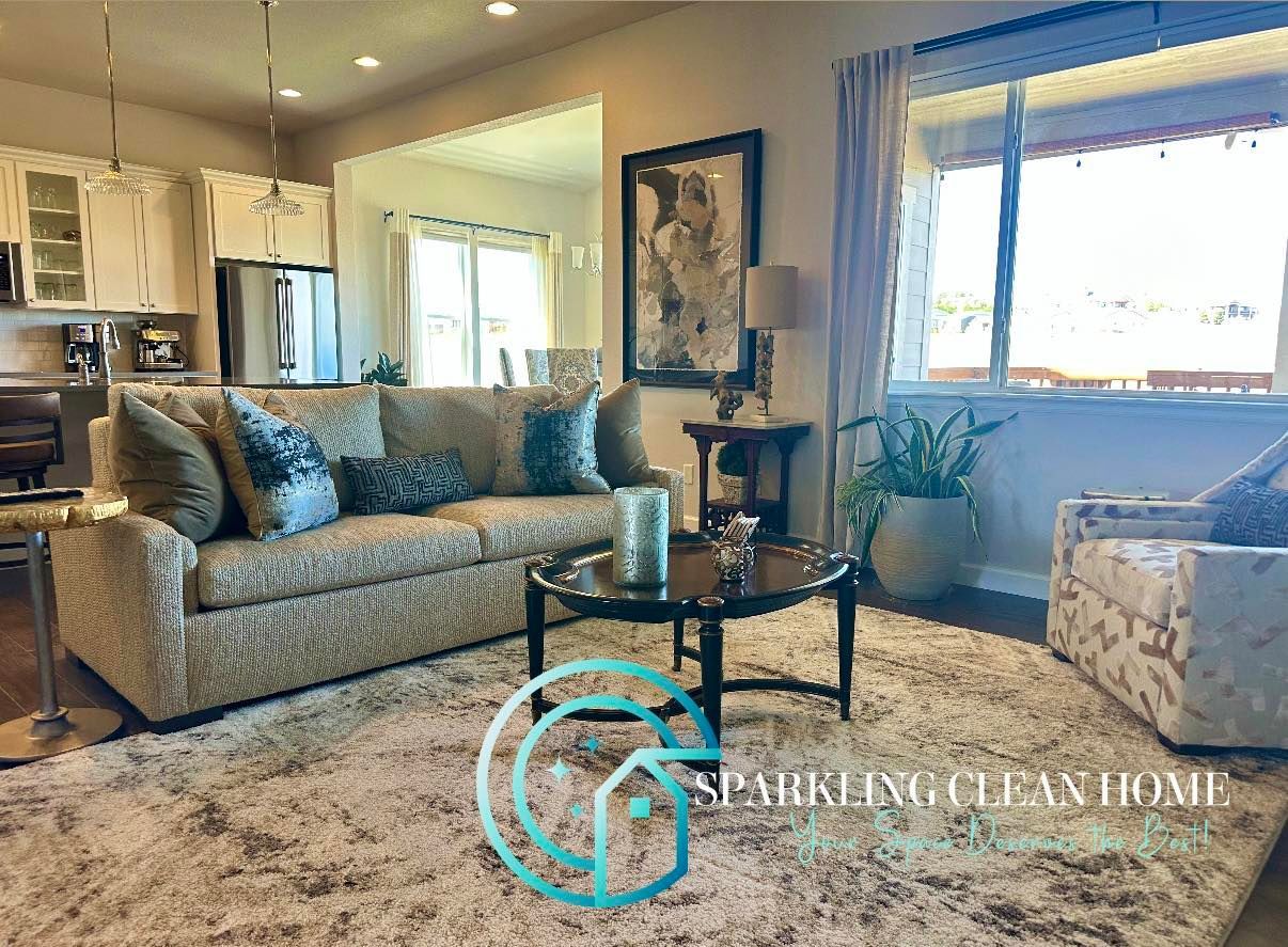 Living room with sofa, coffee table, and area rug. White cabinets and a large mirror in background.