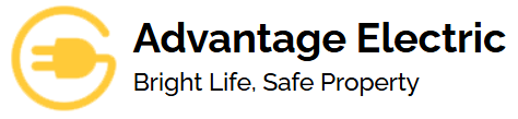 Logo for Advantage Electric, featuring a yellow plug within a circle, text reads