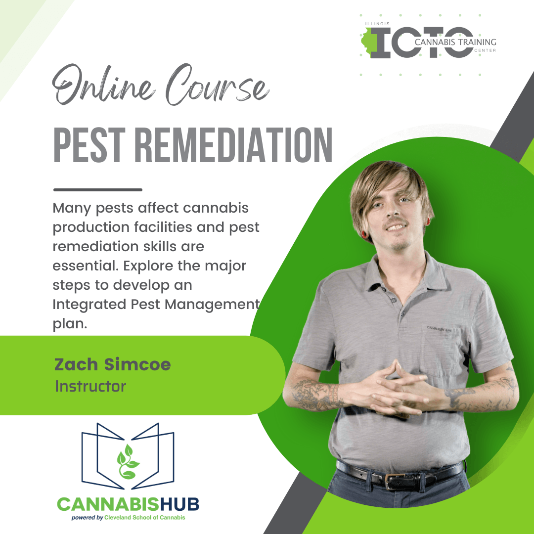 A man is standing in front of a green sign that says `` online course pest remediation ''.