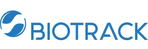 A blue and white logo for biotrack on a white background.