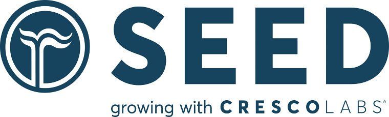 The logo for seed growing with crescolabs is blue and white.
