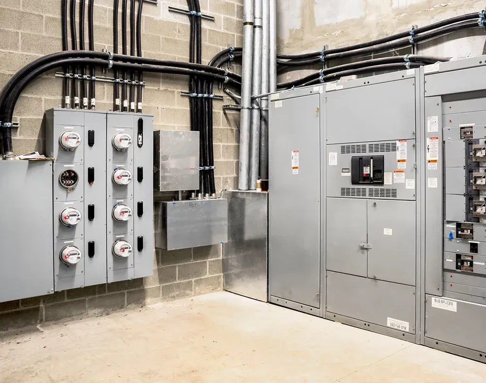 Industrial electrical panels and circuit breakers mounted on a concrete wall in a utility room.