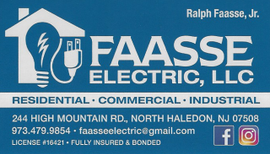 Faasse Electric, LLC business card in blue and white with contact info and social media icons