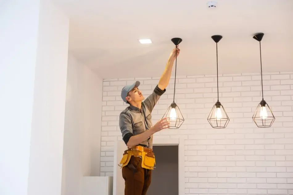 Worker adjusting ceiling light in a bright room with white brick wall and hanging pendant lamps