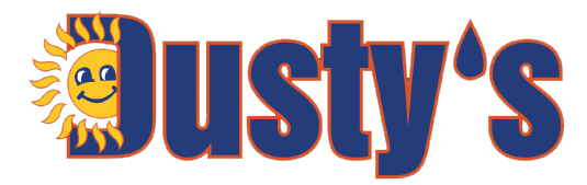 "Dusty's" logo in blue letters with a smiling, yellow sun replacing the letter "D" and a teardrop above the "y".