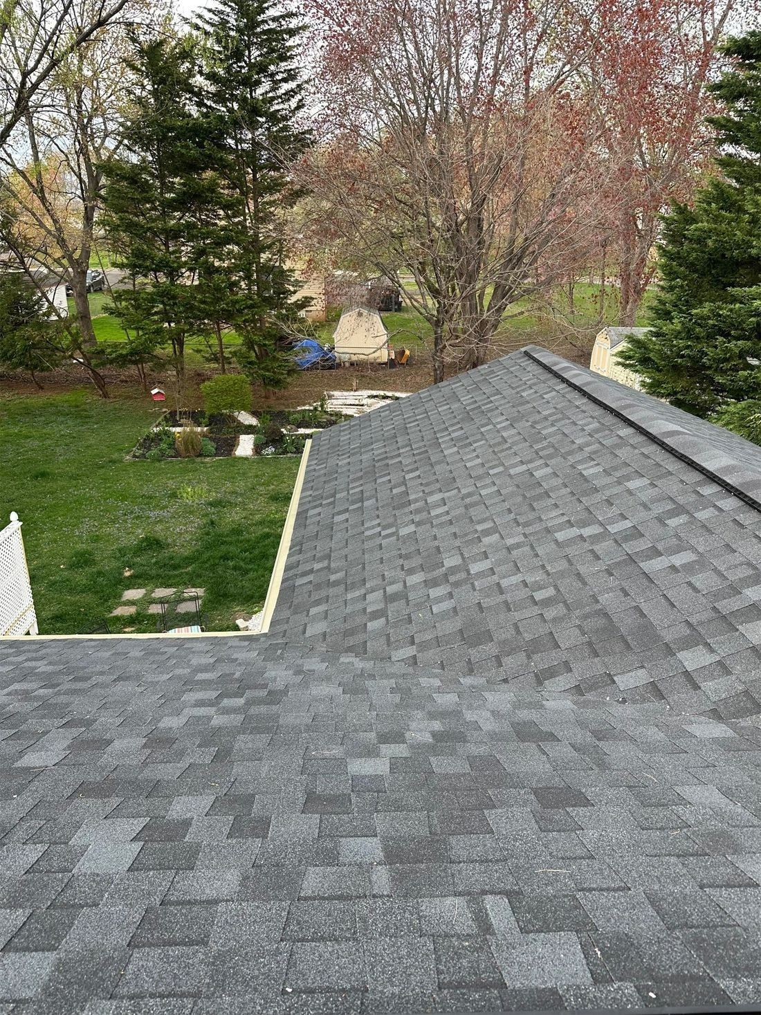 Gray asphalt shingle roof with view of backyard and trees.