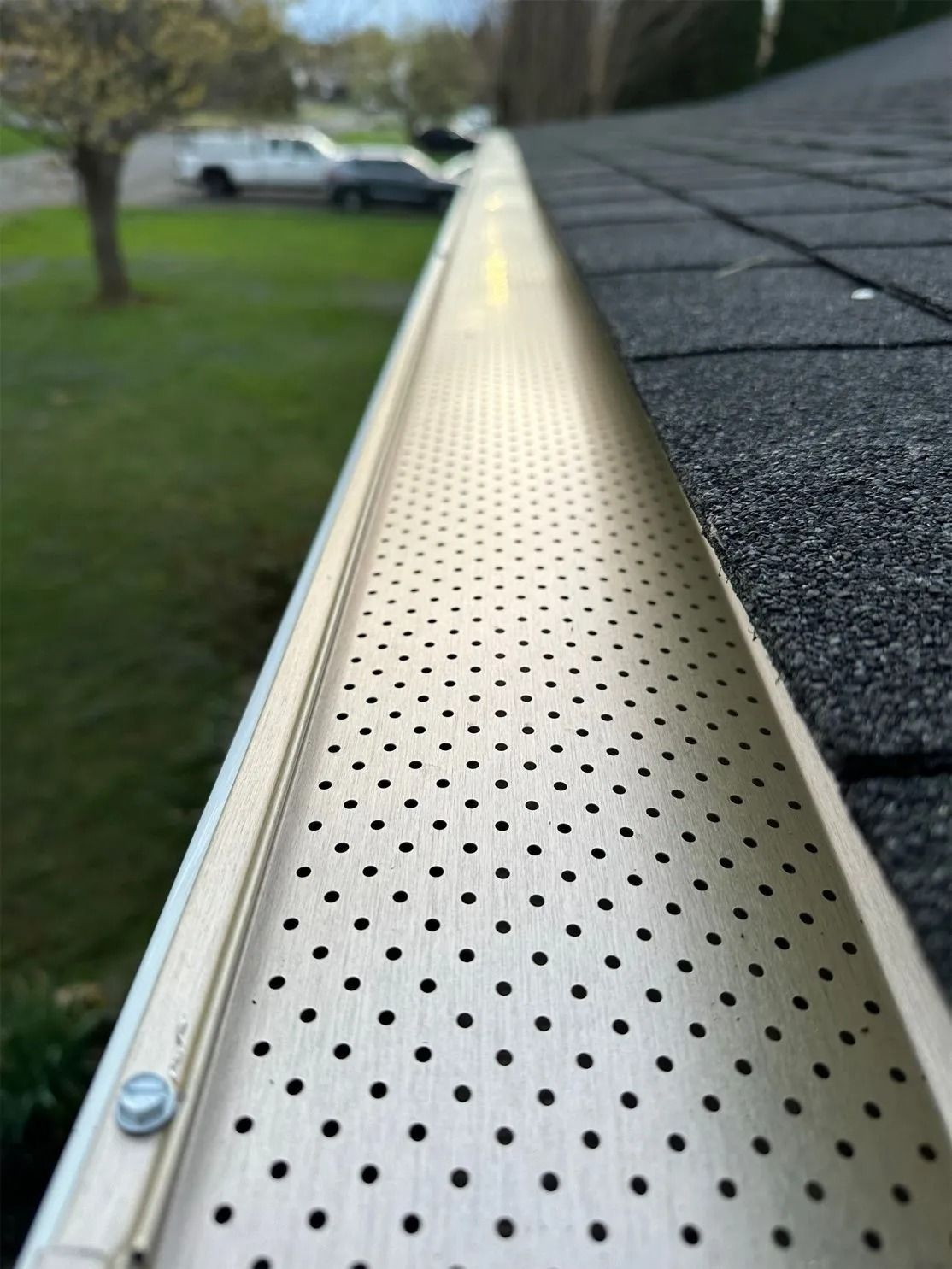 Close-up of a tan gutter guard with small holes, attached to a dark shingle roof.