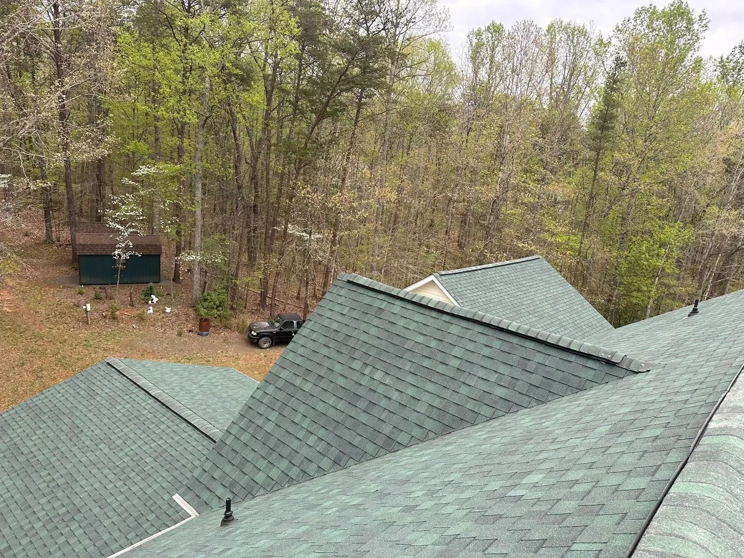 Green shingled roofs with a forest backdrop and a black car parked in the yard.