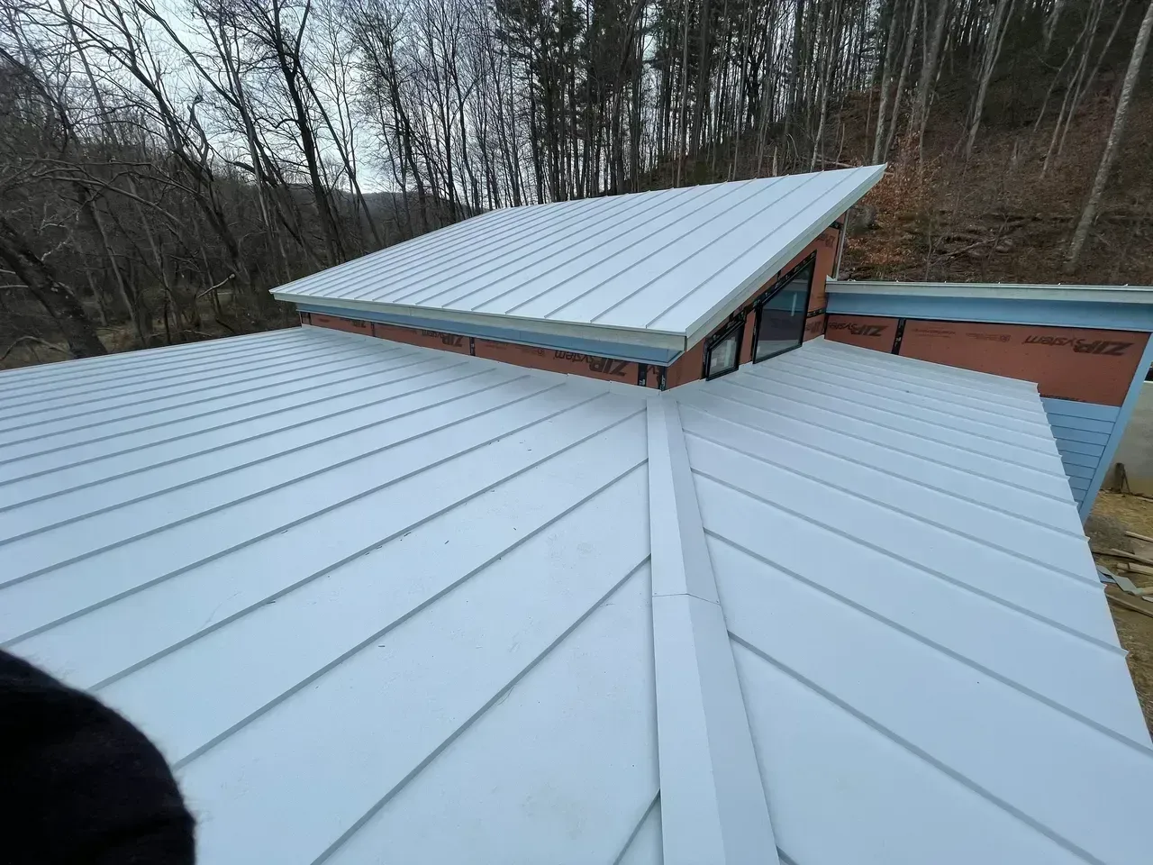 White metal roof on a modern building with a triangular section and a forest background.