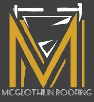 Yellow and white "M" logo with roofing tools, text reads "MCGLOTHLIN ROOFING".