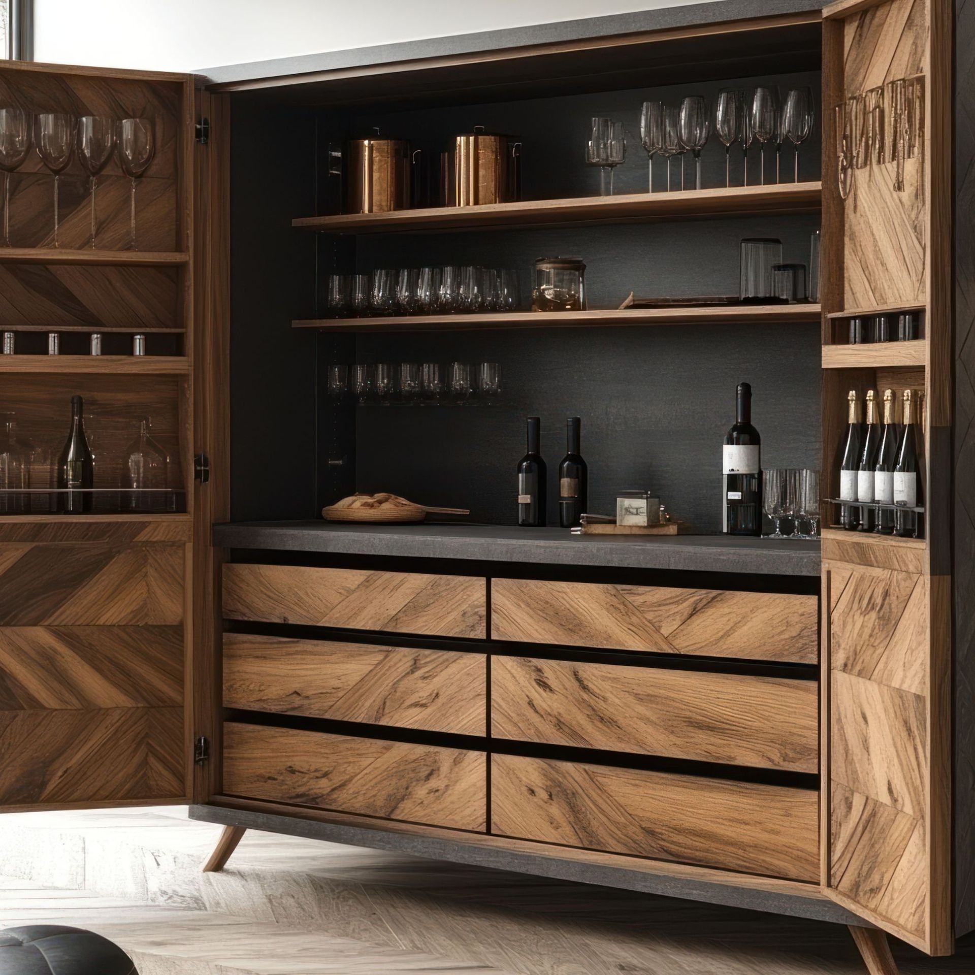 A wooden cabinet filled with wine bottles and glasses