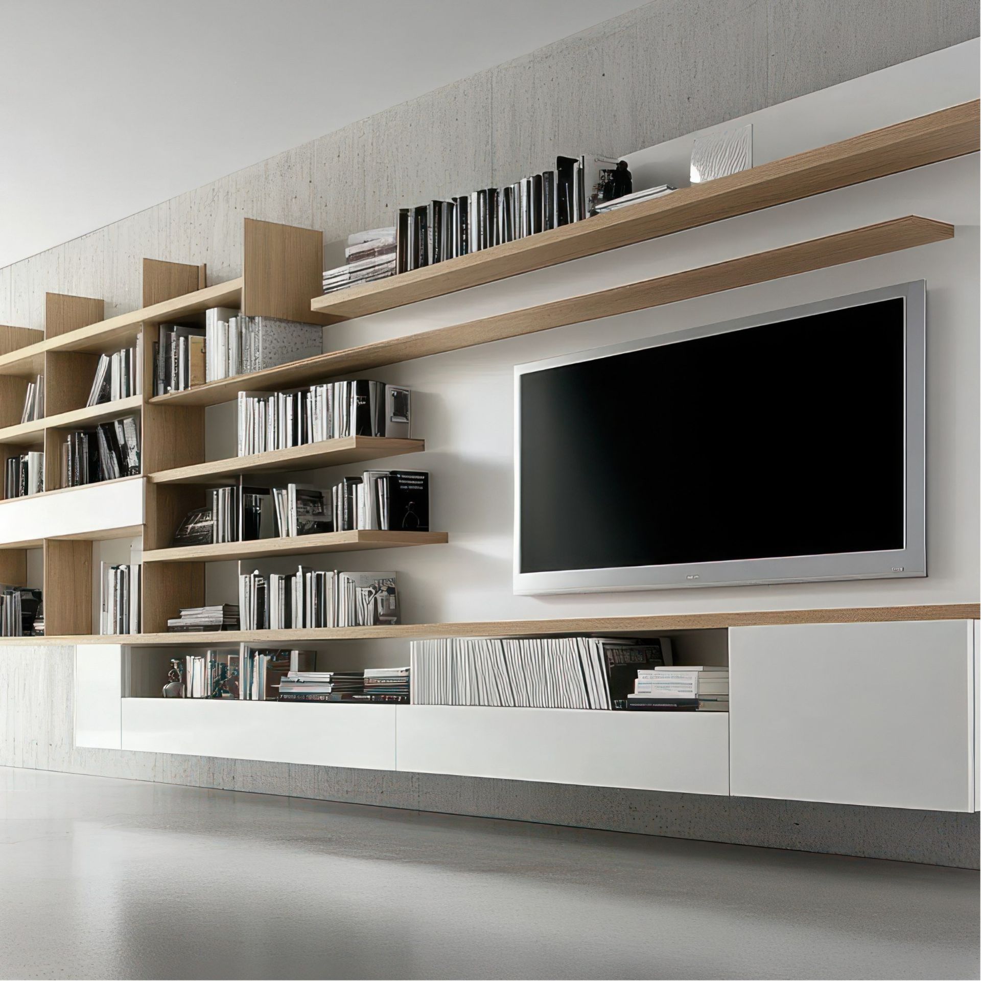 A tv is mounted on a wall above a bookshelf