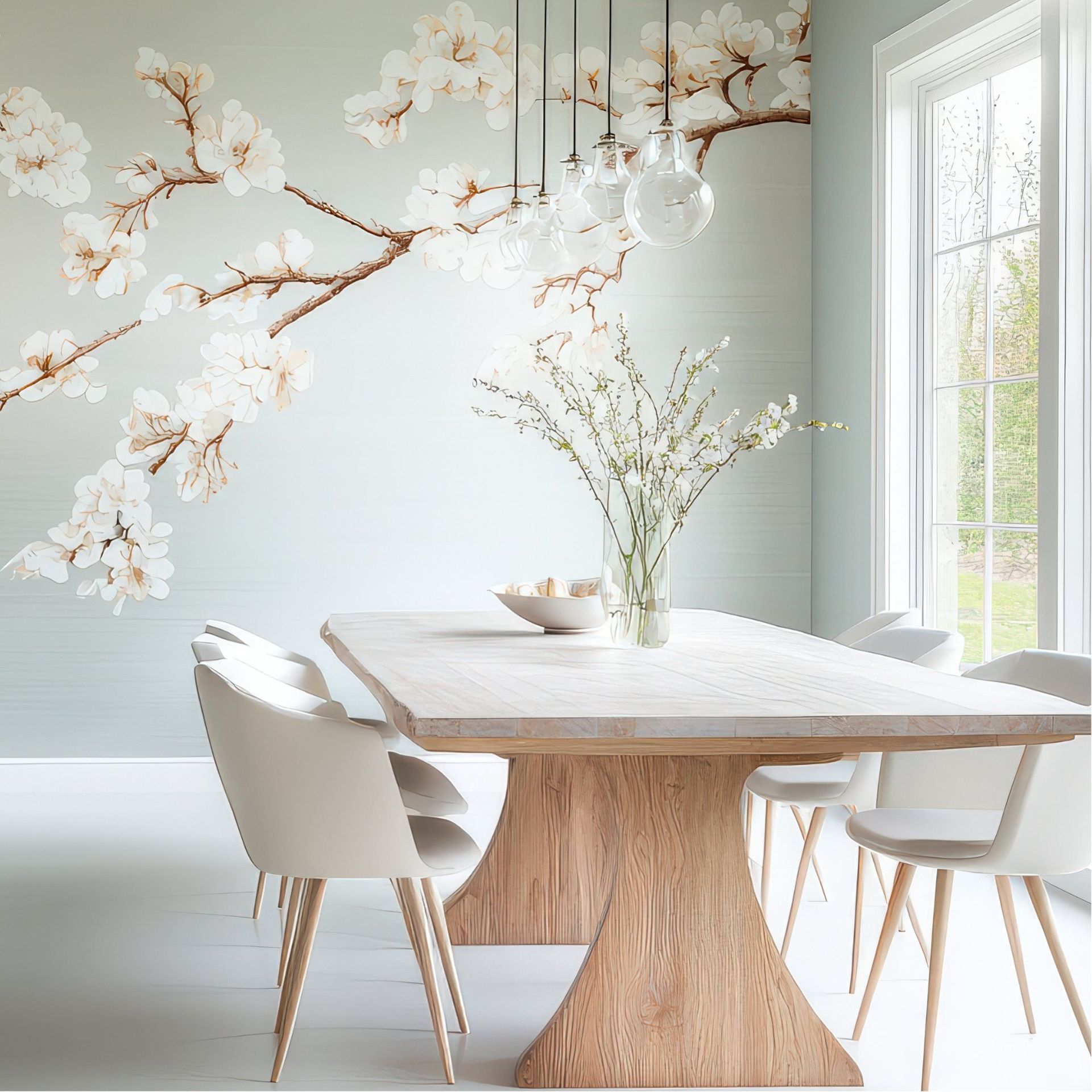 A dining room with a table and chairs and a wall with flowers on it