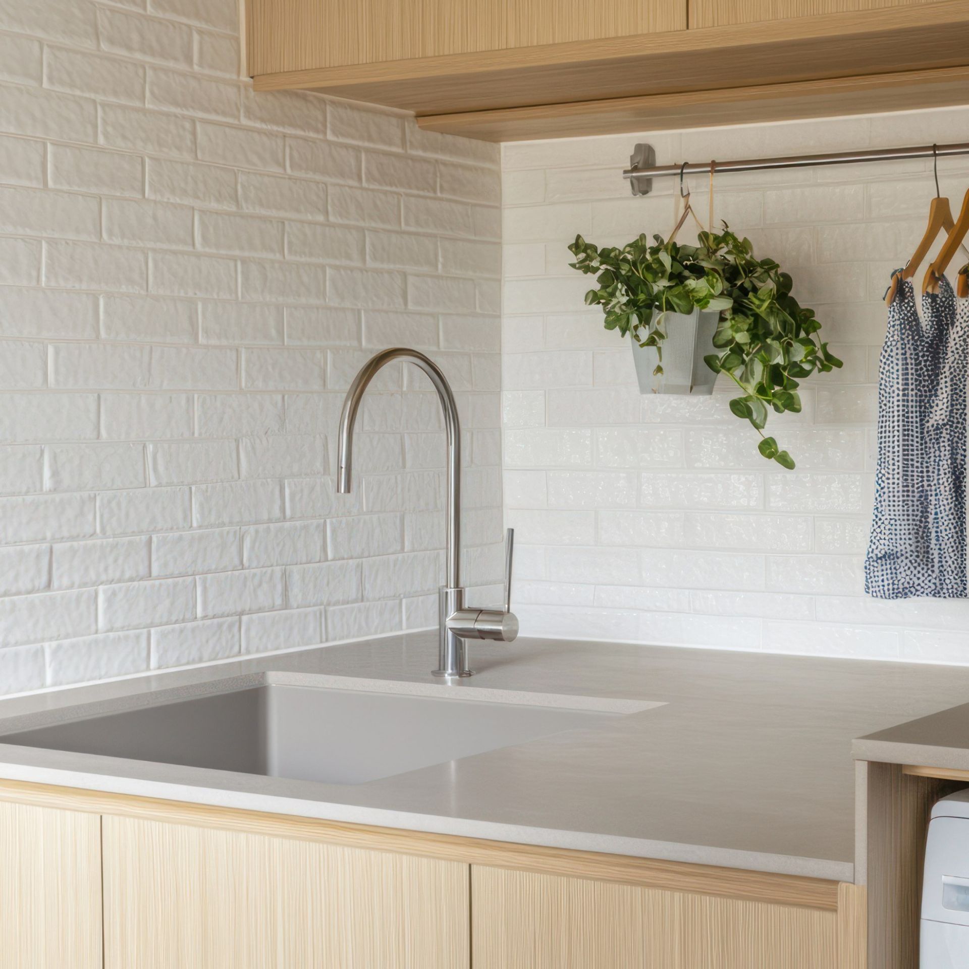 A kitchen sink with a faucet and a potted plant hanging from the wall.