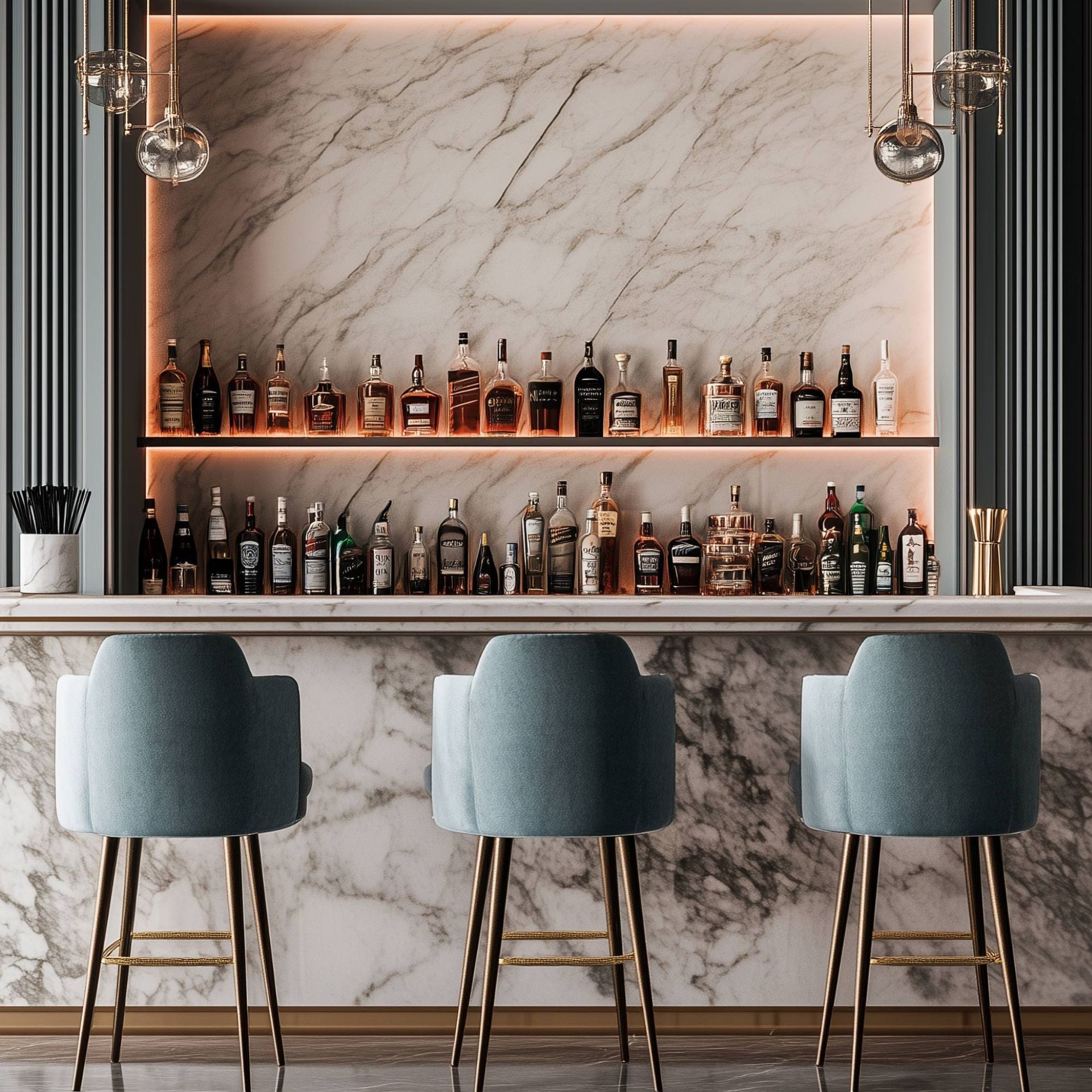 A bar with a shelf full of bottles and chairs