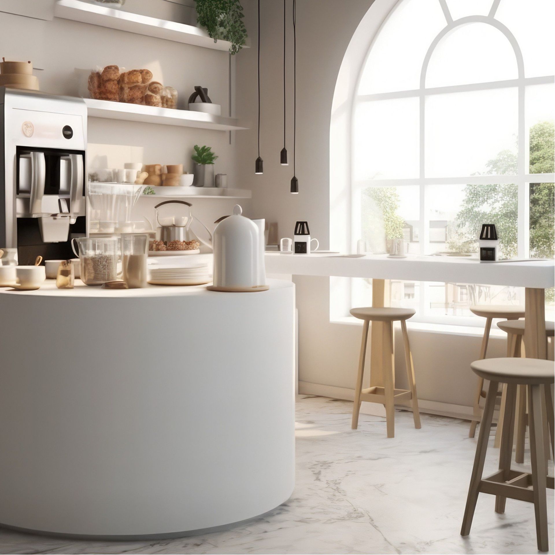 A kitchen with a table and stools and a window