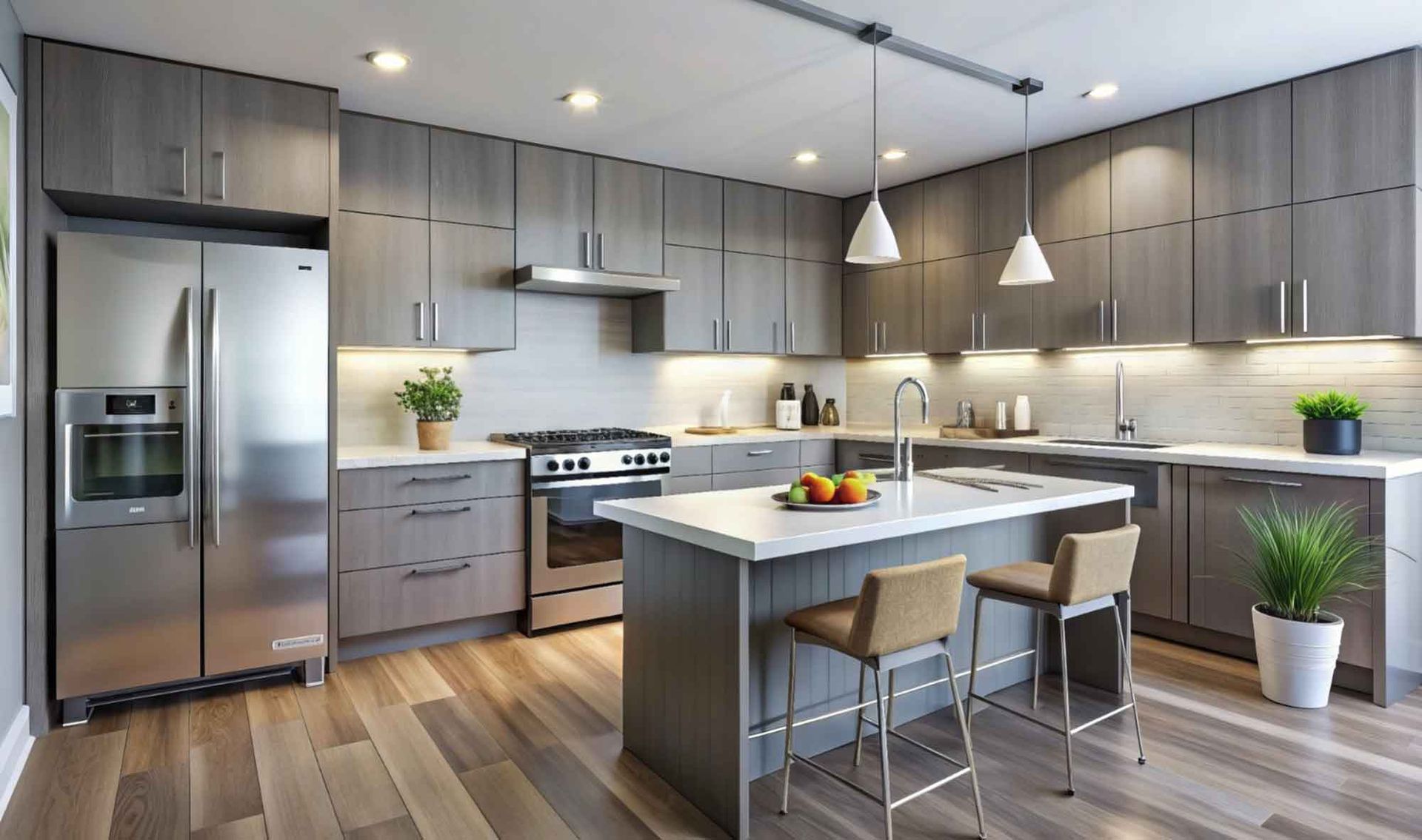 A kitchen with stainless steel appliances and wooden cabinets