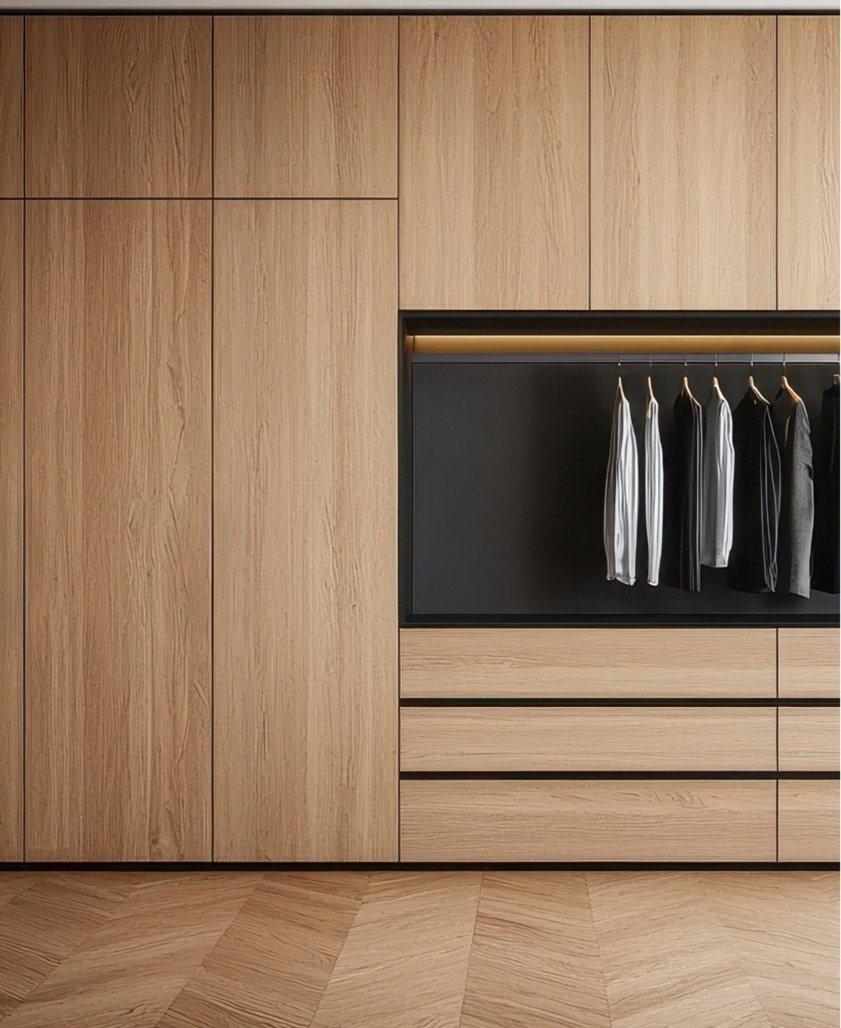 A closet with wooden doors and drawers and clothes hanging on a rack.