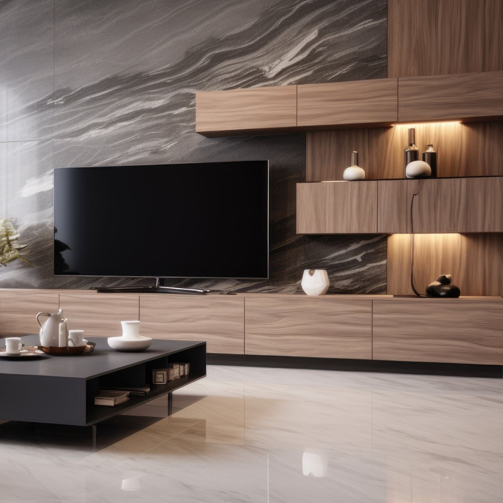 A living room with a flat screen tv and a coffee table