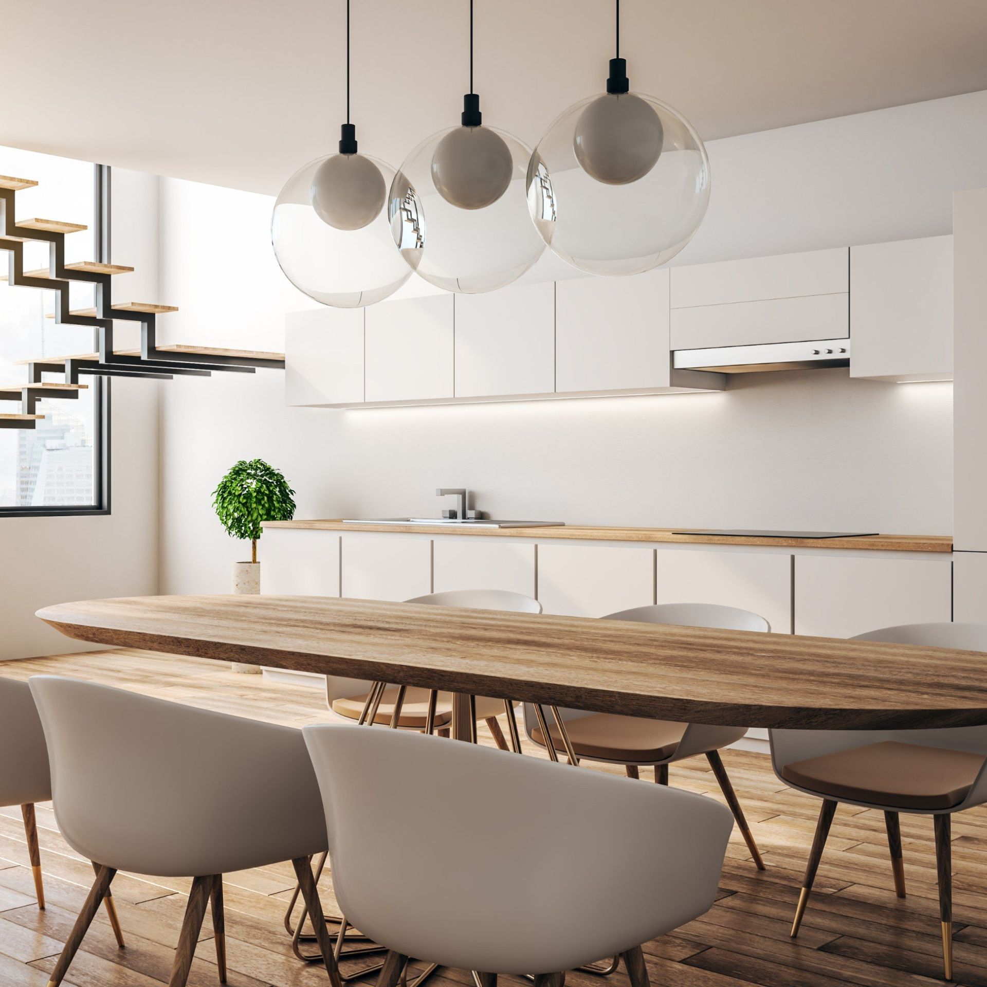 A dining room with a wooden table and white chairs