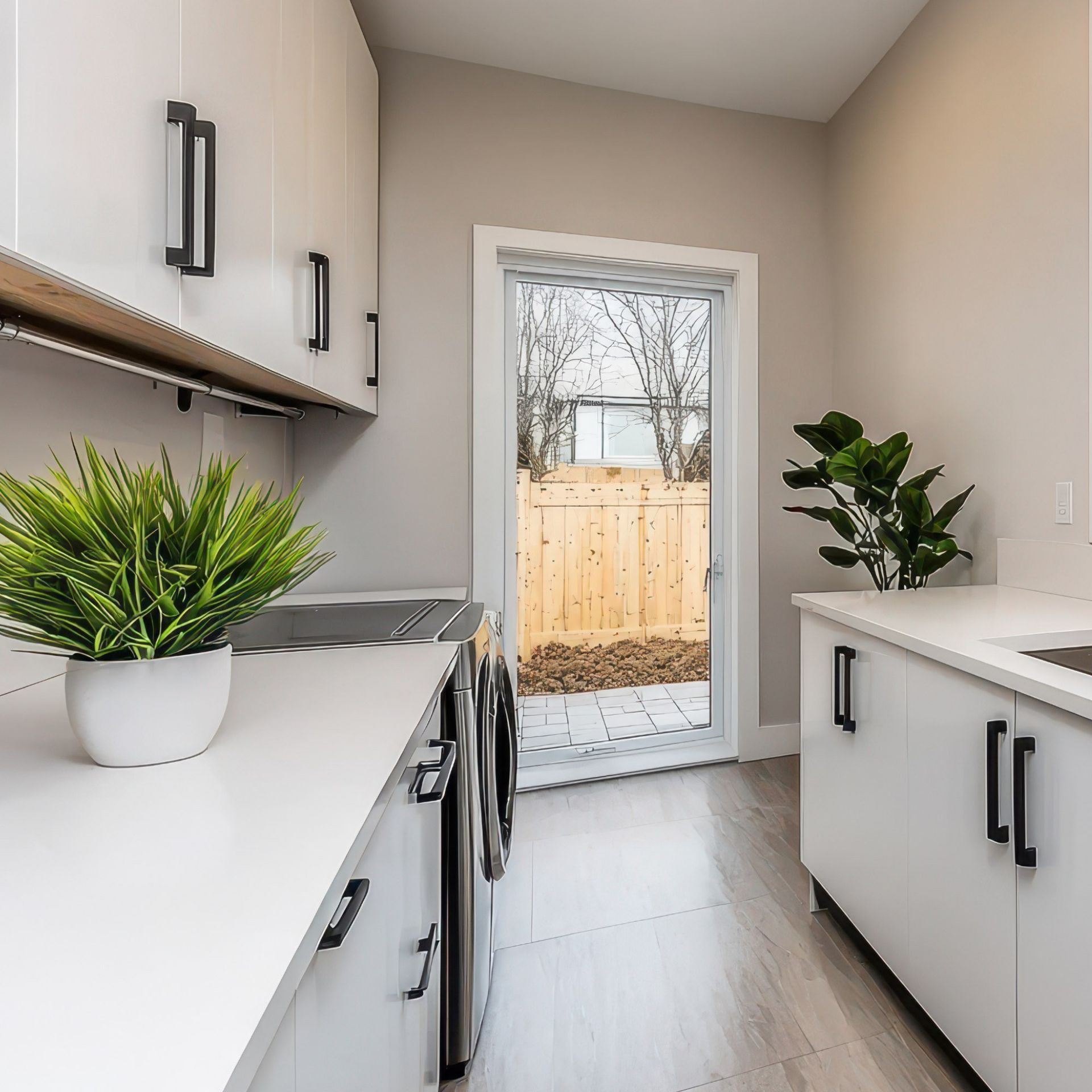 A kitchen with white cabinets and a potted plant on the counter