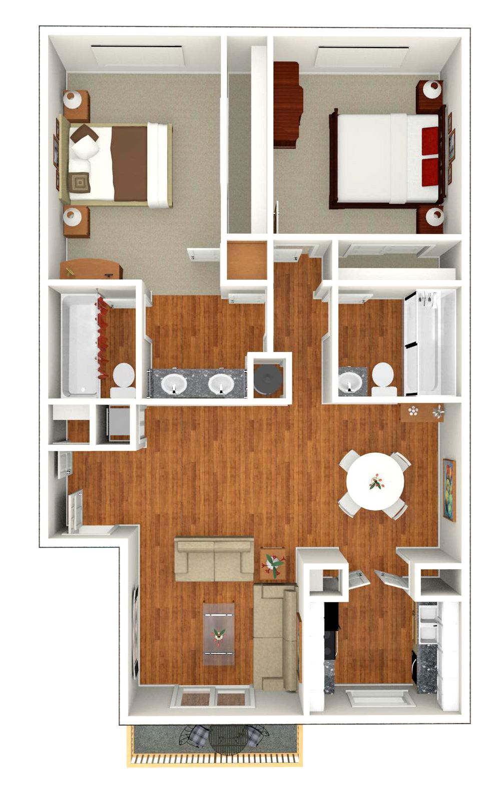 A 3d floor plan of a house with a bedroom , living room , dining room , and bathroom.