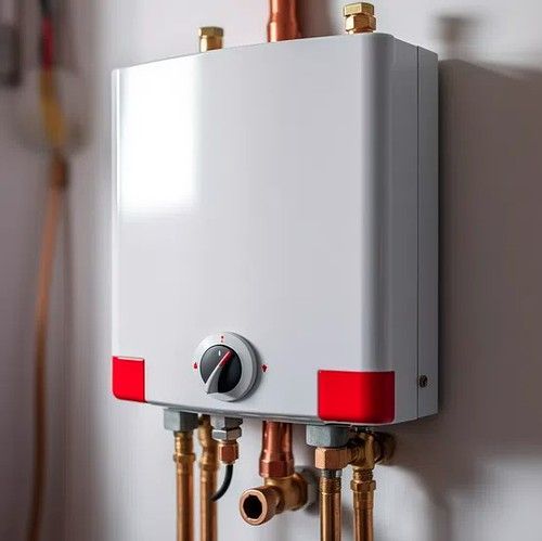 White wall-mounted water heater with copper pipes, black knob, and red accents.