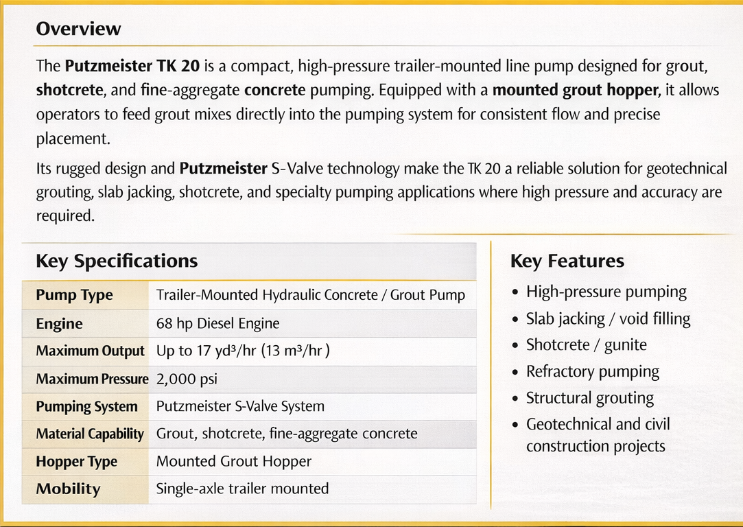 Specification sheet for the Putzmeister TK 20 trailer-mounted concrete pump, detailing its features and technical stats.