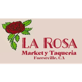 Logo for La Rosa Market y Taqueria in Forestville, CA, featuring a red rose graphic and text in red and brown.