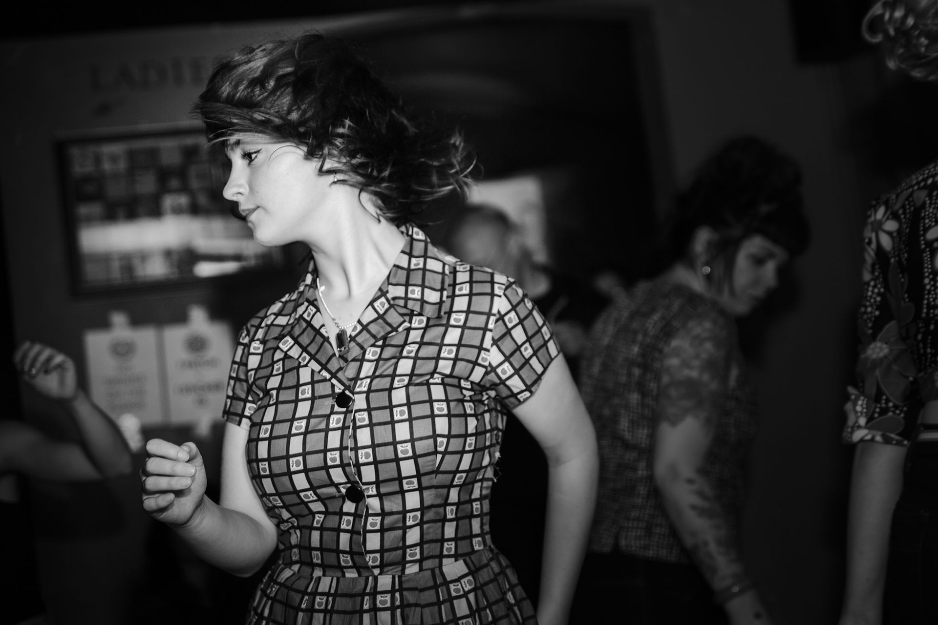 Black and white shot of a girl dancing to Northern Soul shot by Dammo Photography