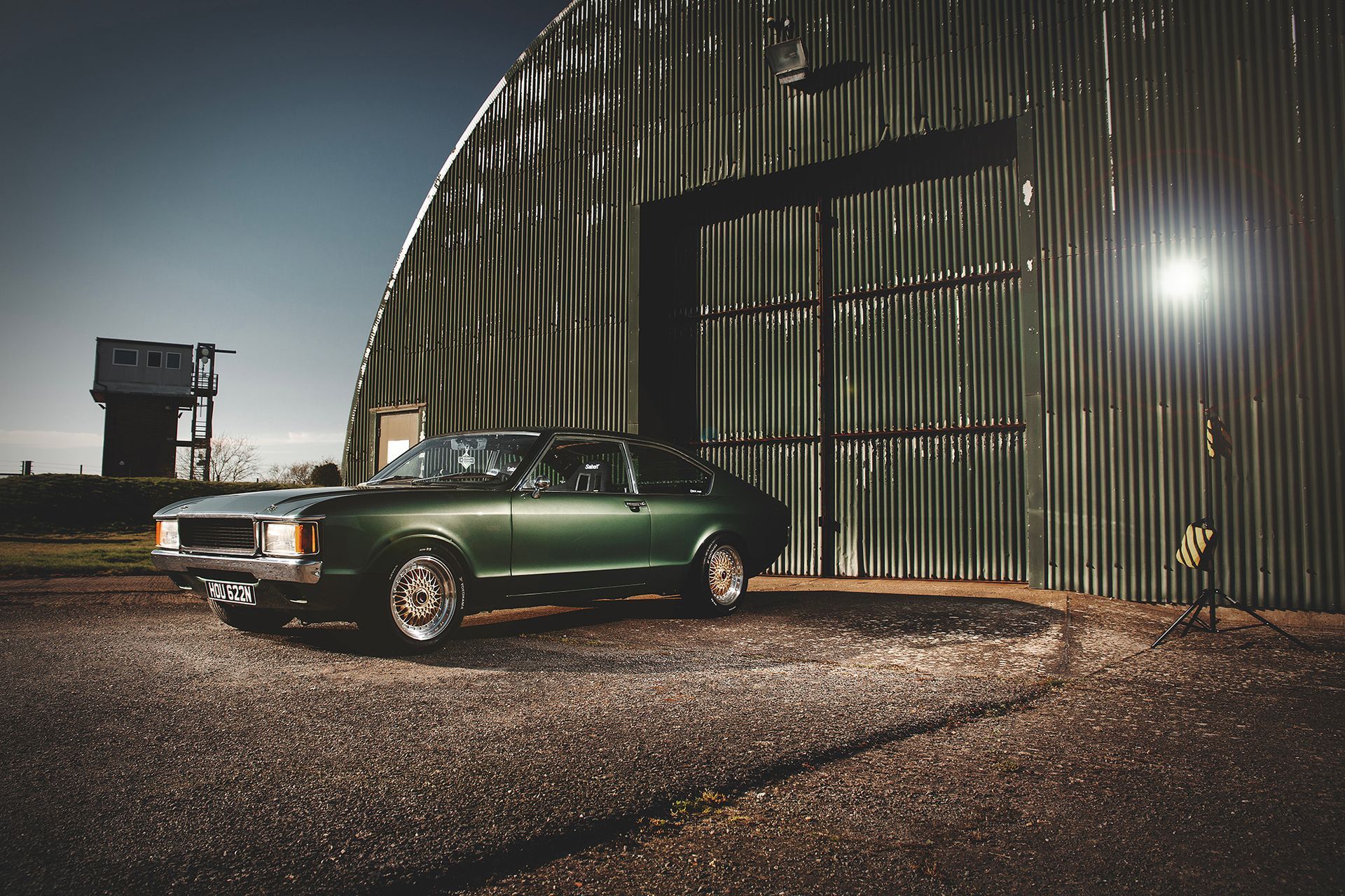 Mk1 Ford Granada outside a green building shot by Dammo Photography