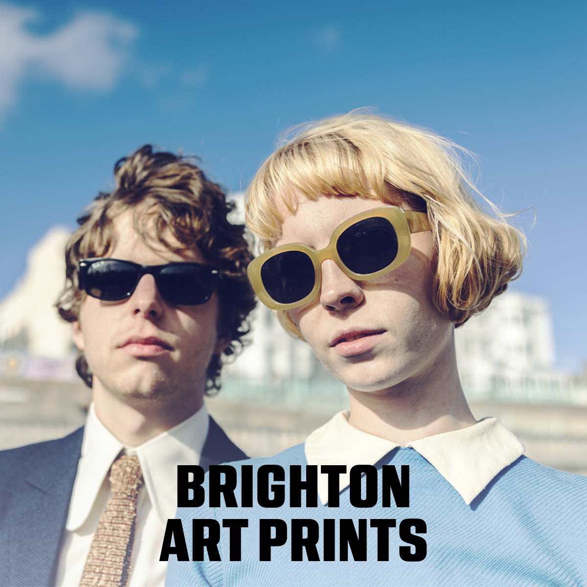 Two Mods in brighton with Brighton Prints in words at the foot of the image.