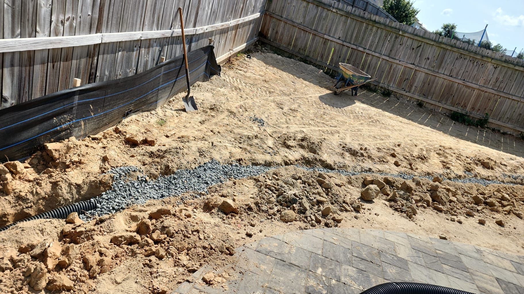 Installation of a French drain in a backyard, showcasing trenches with gravel.