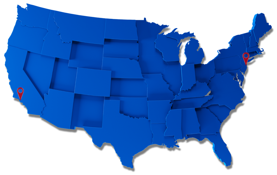 Map of the United States in blue with red markers on the coasts, one in California and one in Massachusetts.