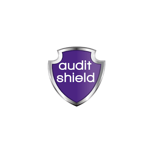 A purple shield with the words audit shield written on it.