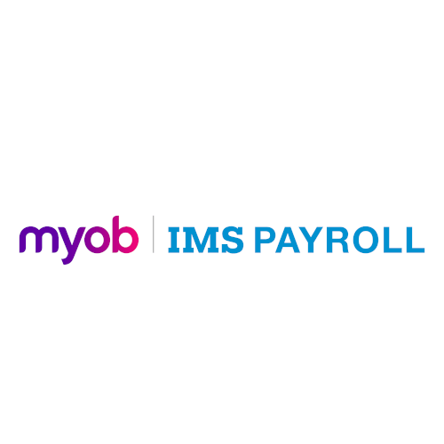 A logo for myob ims payroll on a white background.