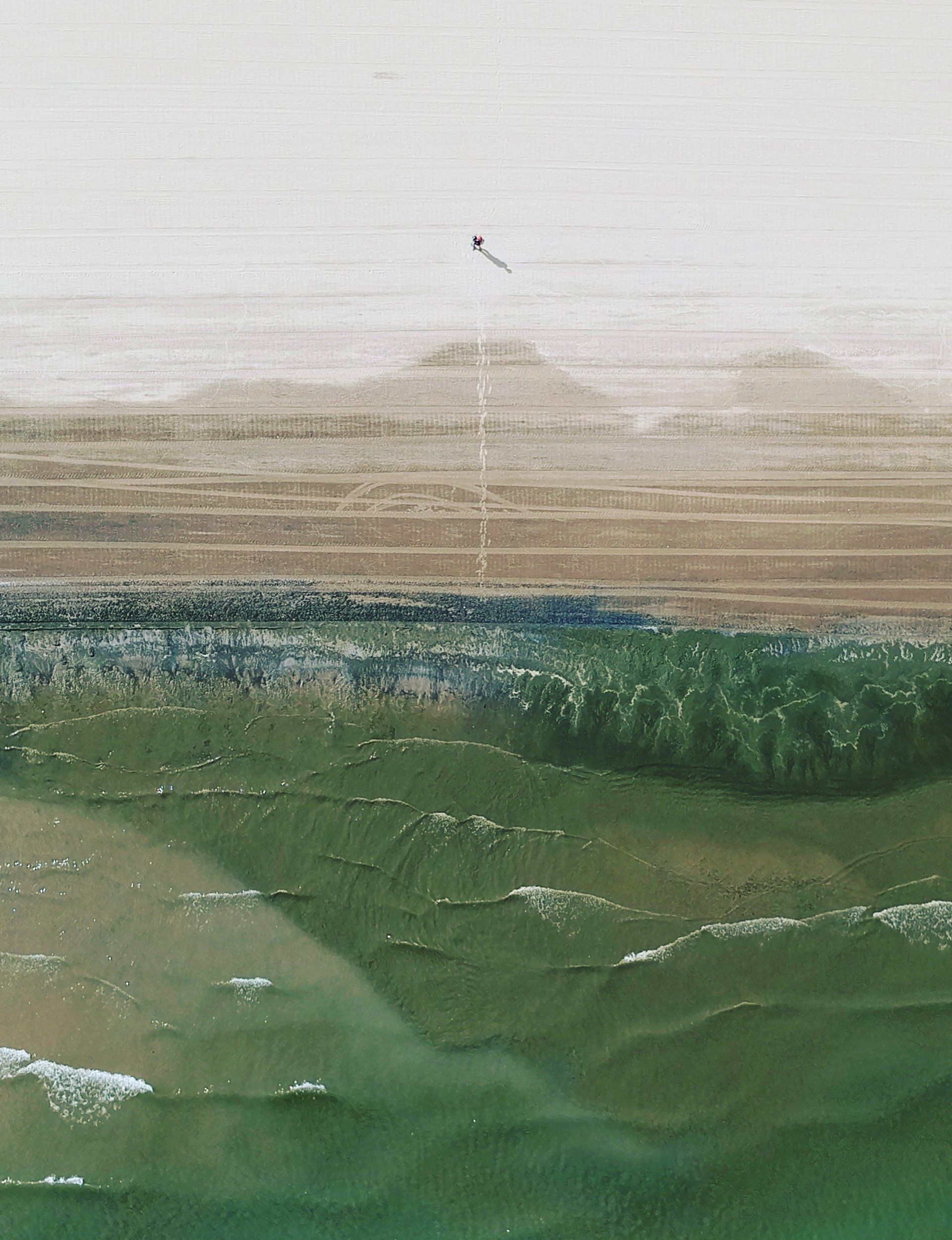 A person is flying a kite over a body of water