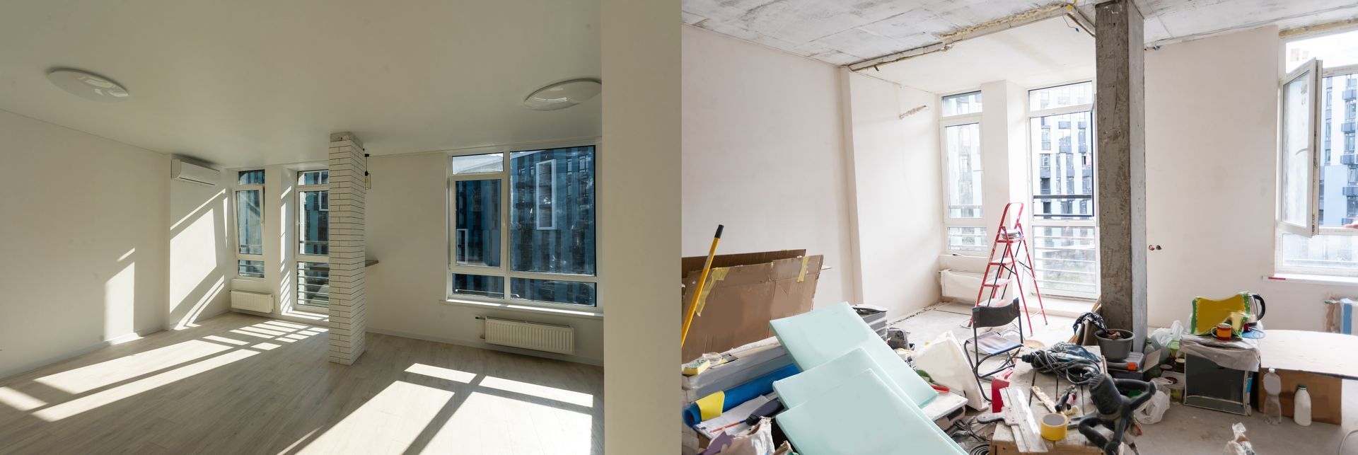Interior of a room with moving boxes, large windows looking out onto a snowy landscape, and pendant lights.