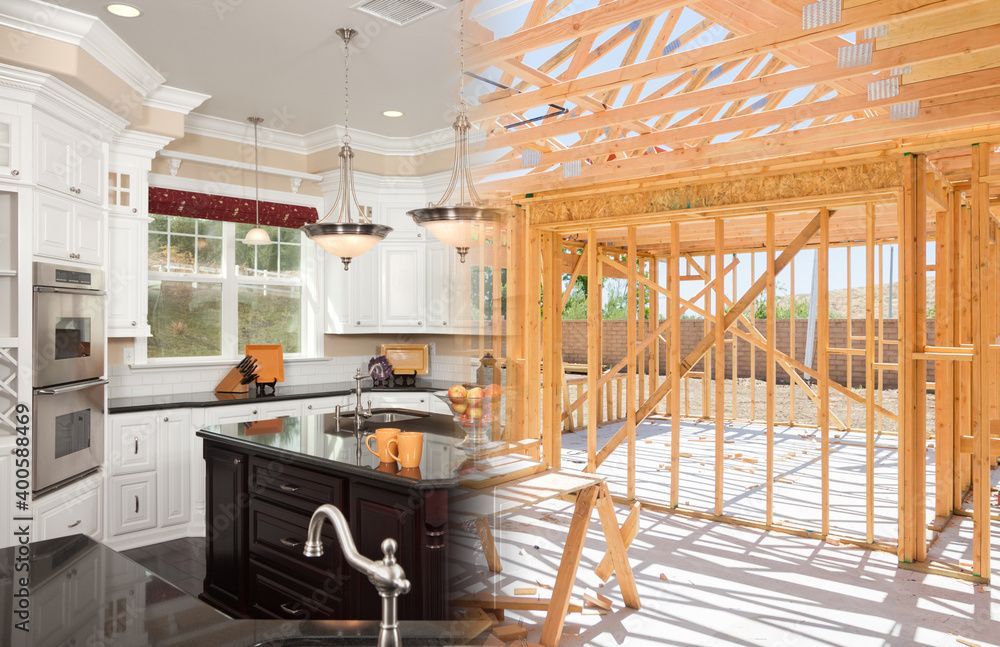 A construction worker in a yellow vest and hard hat reviews blueprints with a couple in front of a house under construction.