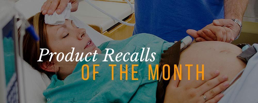 Woman in hospital bed with a pregnant belly, hands on belly, product recalls text.