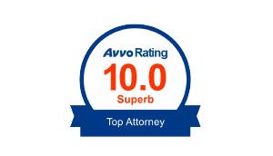 Avvo Rating badge: 10.0 Superb, Top Attorney, blue and white circular emblem with red text.