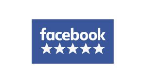 Facebook logo with text and five white stars on a blue background.