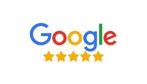 Google logo with five gold stars.